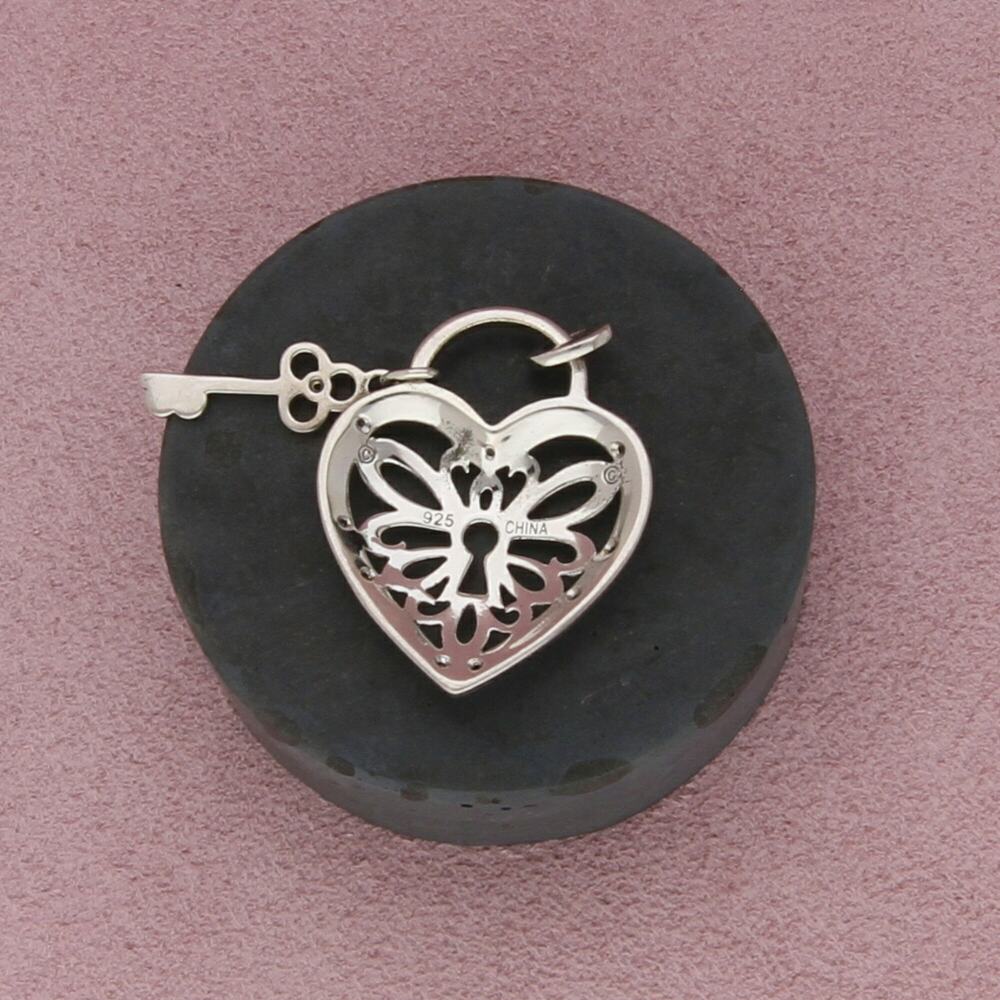 sterling silver diamond accent heart padlock & key pendant - Picture 2 of 3